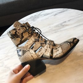 Chloe Embossed Cowhide Lace Up High Heeled Boots For Women Coffee