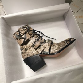 Chloe Embossed Cowhide Lace Up High Heeled Boots For Women Coffee