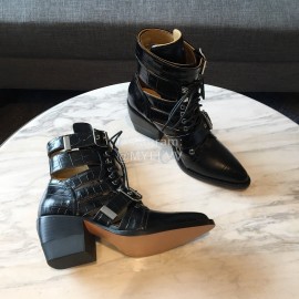 Chloe Embossed Cowhide Lace Up High Heeled Boots For Women Black