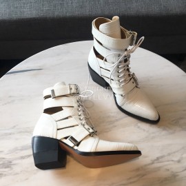 Chloe Embossed Cowhide Lace Up High Heeled Boots For Women White