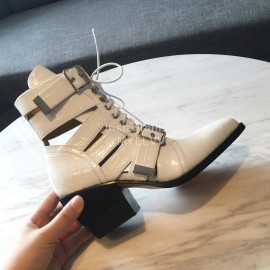 Chloe Embossed Cowhide Lace Up High Heeled Boots For Women White