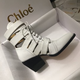 Chloe Embossed Cowhide Lace Up High Heeled Boots For Women White