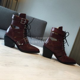 Chloe Embossed Cowhide Lace Up High Heeled Boots For Women Wine Red