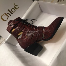 Chloe Embossed Cowhide Lace Up High Heeled Boots For Women Wine Red