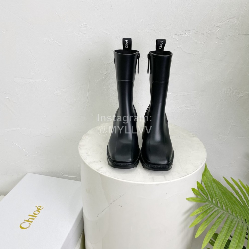 Chloe Betty Leather Thick High Heeled Boots For Women Black