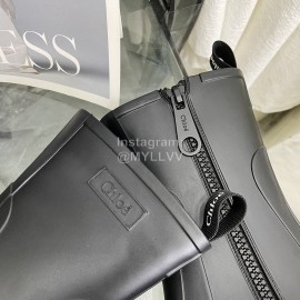 Chloe Betty Leather Thick High Heeled Boots For Women Black