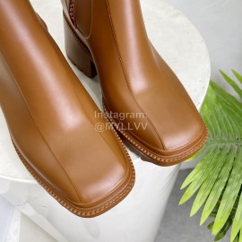 Chloe Betty Leather Thick High Heeled Boots For Women Brown