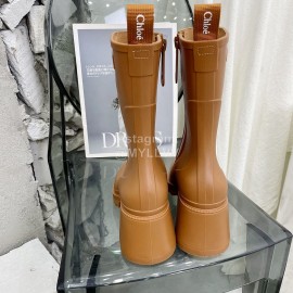 Chloe Betty Leather Thick High Heeled Boots For Women Brown