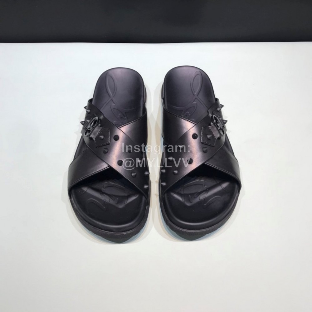 Christian Louboutin Leather Rivet Black Slippers For Men 