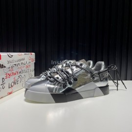 DG 3d Printed Calf Leather Casual Sneakers For Men Silver