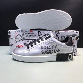 DG 3d Printed Leather Casual Sneakers For Men Silver