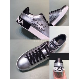 DG 3d Printed Leather Casual Sneakers For Men Silver