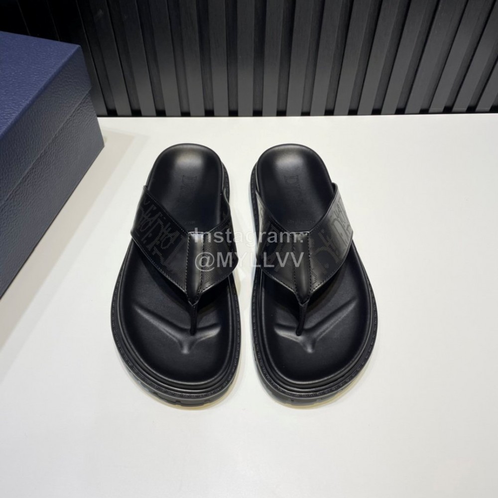 Dior Black Oblique Printed Leather Casual Flip Flops For Men