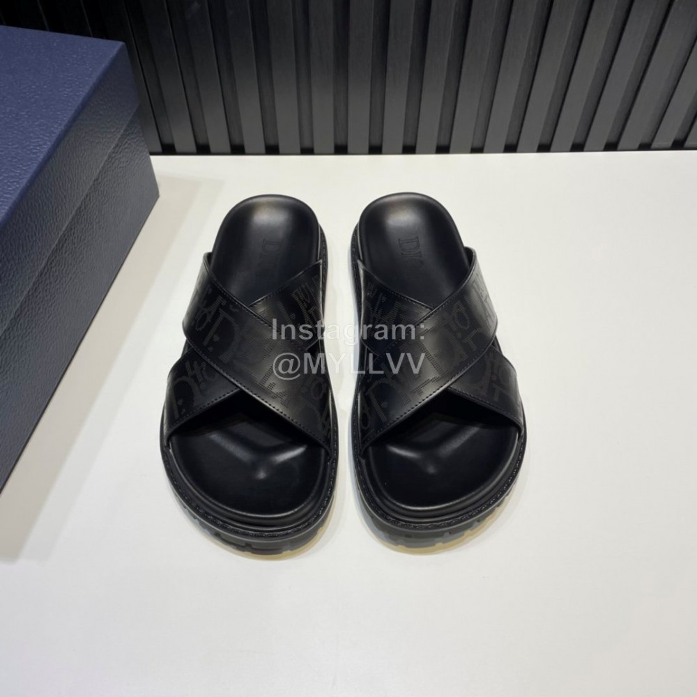 Dior Black Oblique Printed Leather Casual Cross Slippers For Men
