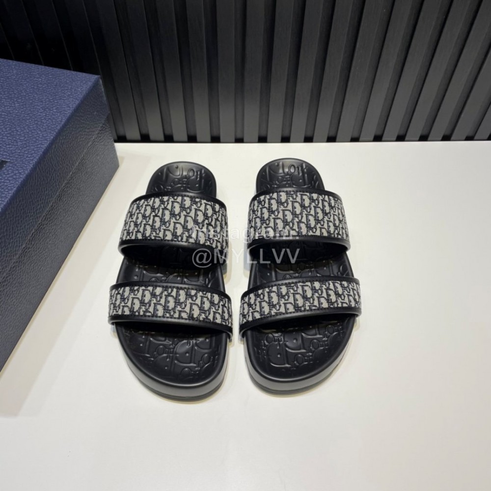 Dior Black Oblique Printed Canvas Leather Casual Slippers For Men 