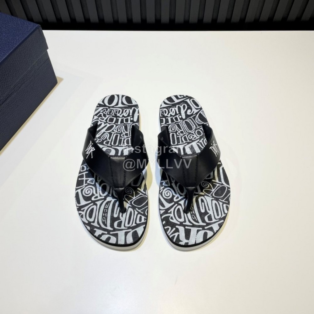 Dior Summer Printed Calf Leather Casual Flip Flops For Men Black