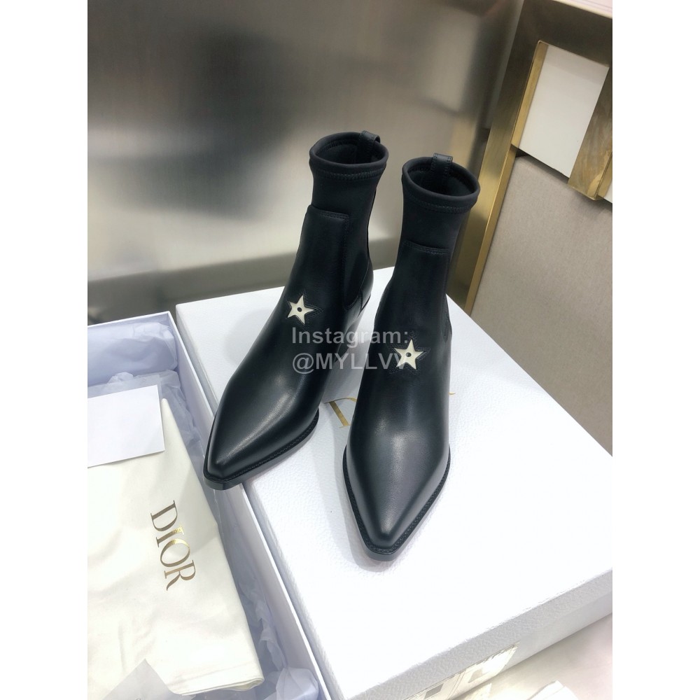 Dior Autumn And Winter Black Cowhide Pointed Thick Heel Boots For Women