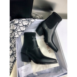 Dior Autumn And Winter Black Cowhide Pointed Thick Heel Boots For Women
