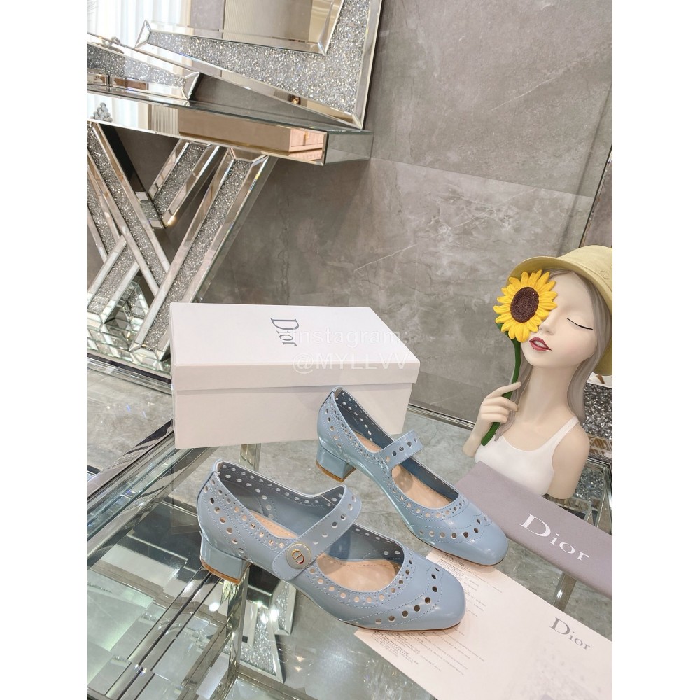Dior Cowhide Thick High Heel Square Head Ballet Shoes For Women Blue