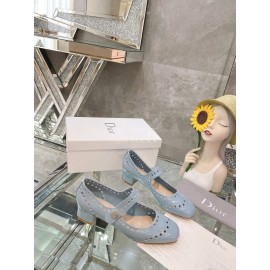 Dior Cowhide Thick High Heel Square Head Ballet Shoes For Women Blue