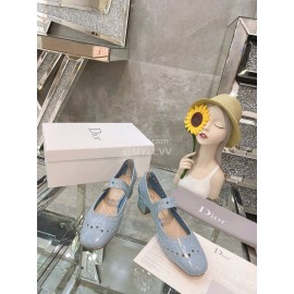 Dior Cowhide Thick High Heel Square Head Ballet Shoes For Women Blue