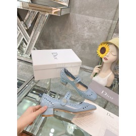 Dior Cowhide Thick High Heel Square Head Ballet Shoes For Women Blue