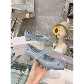 Dior Cowhide Thick High Heel Square Head Ballet Shoes For Women Blue