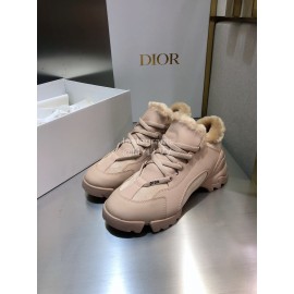 Dior Cowhide Thick Soled Lace Up Wool Lining Sneakers Coffee