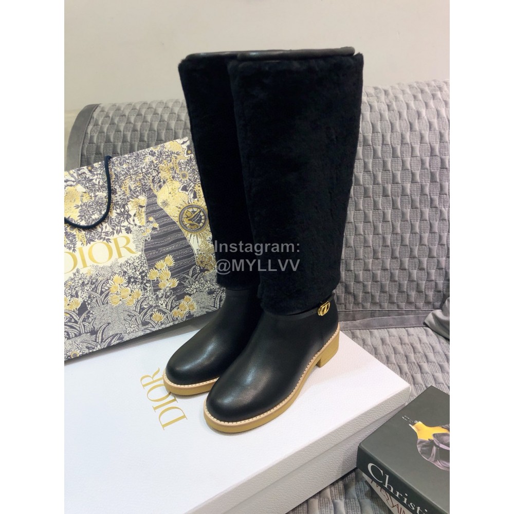 Dior Cowhide Wool Thick High Heeled Long Boots For Women Black