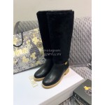 Dior Cowhide Wool Thick High Heeled Long Boots For Women Black