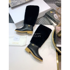 Dior Cowhide Wool Thick High Heeled Long Boots For Women Black