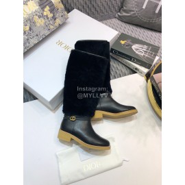Dior Cowhide Wool Thick High Heeled Long Boots For Women Black