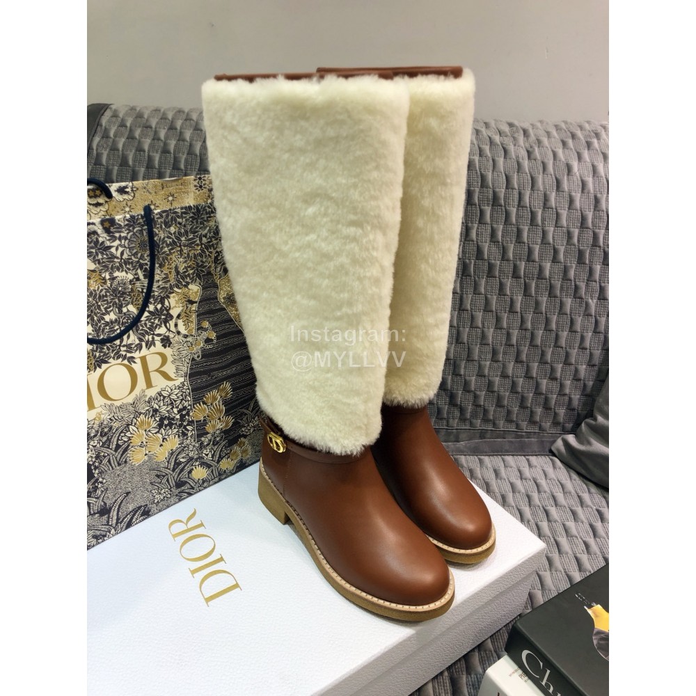 Dior Cowhide Wool Thick High Heeled Long Boots For Women Brown