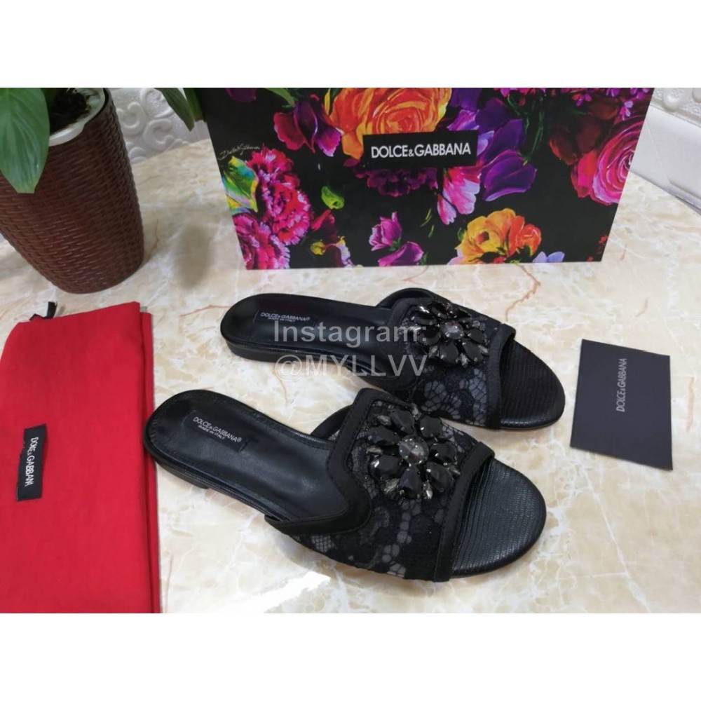 Dolce Gabbana New Flower Sheepskin Flat Heel Slippers For Women Black