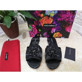 Dolce Gabbana New Flower Sheepskin Flat Heel Slippers For Women Black