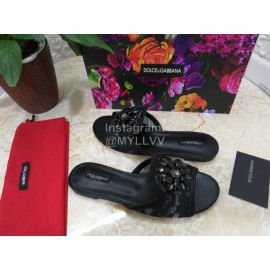 Dolce Gabbana New Flower Sheepskin Flat Heel Slippers For Women Black