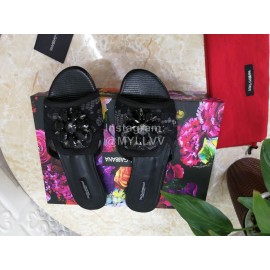 Dolce Gabbana New Flower Sheepskin Flat Heel Slippers For Women Black