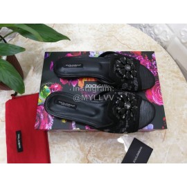 Dolce Gabbana New Flower Sheepskin Flat Heel Slippers For Women Black