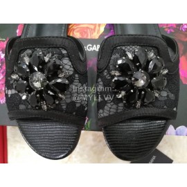 Dolce Gabbana New Flower Sheepskin Flat Heel Slippers For Women Black