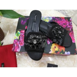 Dolce Gabbana New Flower Sheepskin Flat Heel Slippers For Women Black