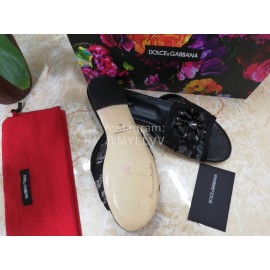 Dolce Gabbana New Flower Sheepskin Flat Heel Slippers For Women Black