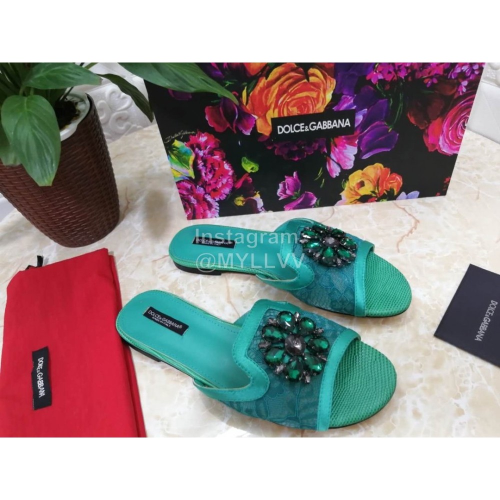 Dolce Gabbana New Flower Sheepskin Flat Heel Slippers For Women Green