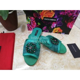 Dolce Gabbana New Flower Sheepskin Flat Heel Slippers For Women Green