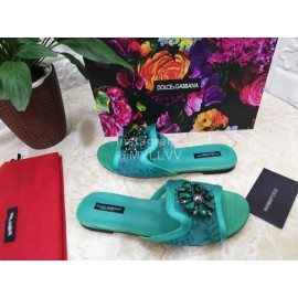 Dolce Gabbana New Flower Sheepskin Flat Heel Slippers For Women Green