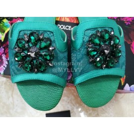 Dolce Gabbana New Flower Sheepskin Flat Heel Slippers For Women Green