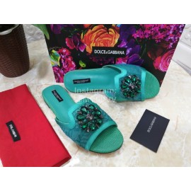 Dolce Gabbana New Flower Sheepskin Flat Heel Slippers For Women Green