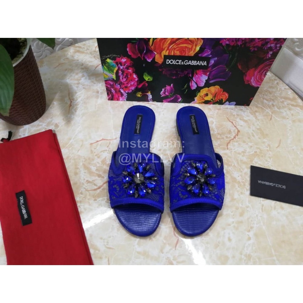Dolce Gabbana New Flower Sheepskin Flat Heel Slippers For Women Blue