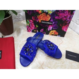 Dolce Gabbana New Flower Sheepskin Flat Heel Slippers For Women Blue