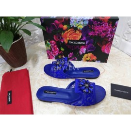 Dolce Gabbana New Flower Sheepskin Flat Heel Slippers For Women Blue