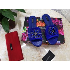 Dolce Gabbana New Flower Sheepskin Flat Heel Slippers For Women Blue